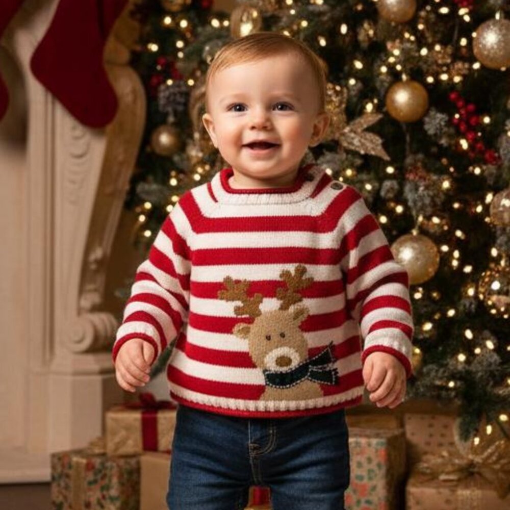 1989 Place Red & White Striped Christmas Reindeer Knit Sweater 12 M…